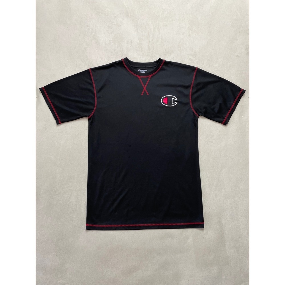 Champion Authentic Womens Black T-Shirt Red Contrast Stitch Logo Top LT